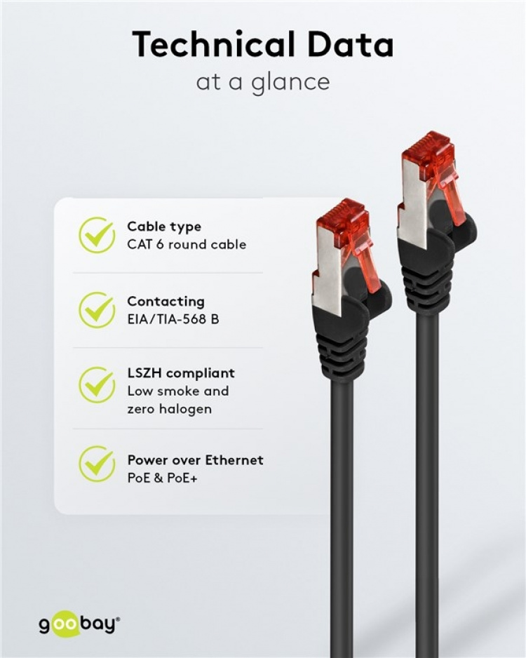 Goobay Netværkskabel CAT 6, S/FTP (PiMF), sort, 25 m kobberleder (CU), halogenfri kabelkappe (LSZH)