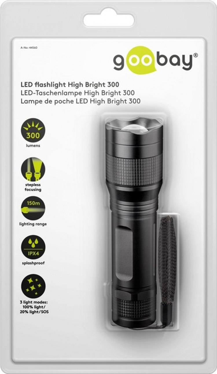 Goobay LED-lommelygte High Bright 300 perfekt til fritid, sport, camping, fiskeri, jagt og autohjælp Goobay LED-lommelygte High Bright 300 perfekt til fritid, sport, camping, fiskeri, jagt og autohjælp