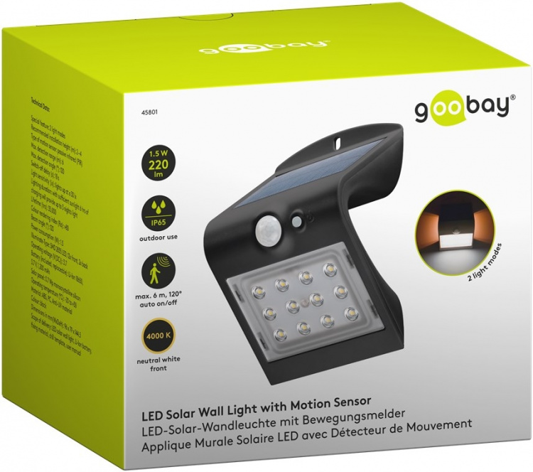Goobay LED-solcelle-væglampe med bevægelsessensor, 1,5 W neutral hvid lysløsning til indgange, carporte og trapper Goobay LED-solcelle-væglampe med bevægelsessensor, 1,5 W neutral hvid lysløsning til indgange, carporte og trapper