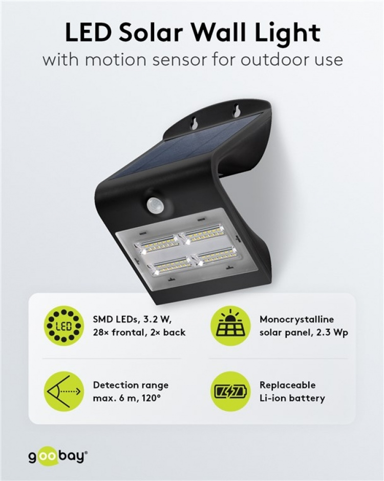 Goobay LED-solcelle-væglampe med bevægelsessensor, 3,2 W Lysløsning til indgange, carporte og trapper Goobay LED-solcelle-væglampe med bevægelsessensor, 3,2 W Lysløsning til indgange, carporte og trapper