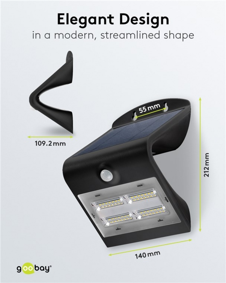 Goobay LED-solcelle-væglampe med bevægelsessensor, 3,2 W Lysløsning til indgange, carporte og trapper Goobay LED-solcelle-væglampe med bevægelsessensor, 3,2 W Lysløsning til indgange, carporte og trapper