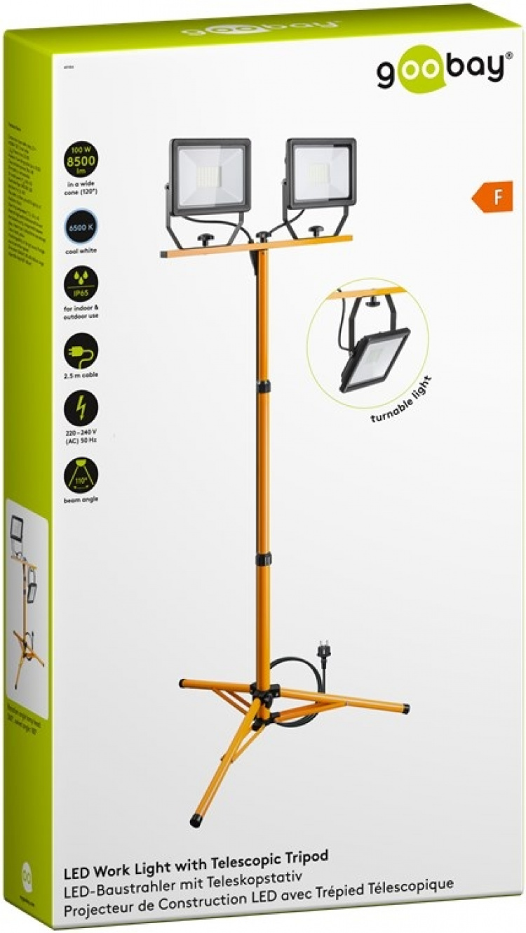 Goobay LED konstruktions spotlight med teleskopisk stativ, 2x 50 W med i alt 8500 lm og koldt hvidt lys (6500 K), velegnet til indendørs og udendørs brug (IP65)