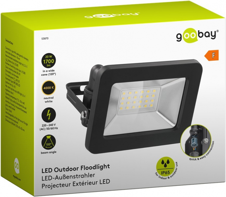 Goobay LED udendørs projektør, 20 W med 1700 lm, neutralt hvidt lys (4000 K) og M16 kabelforskruning, egnet til udendørs brug (IP65) Goobay LED udendørs projektør, 20 W med 1700 lm, neutralt hvidt lys (4000 K) og M16 kabelforskruning, egnet til udendørs brug (IP65)