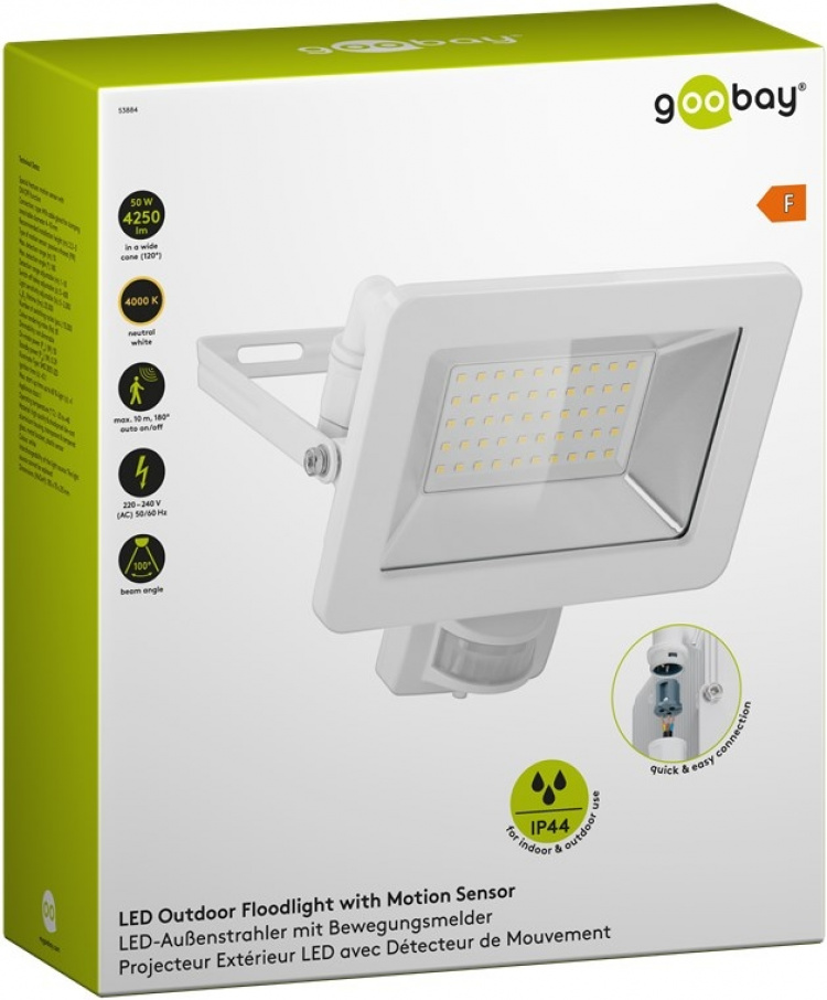 Goobay LED udendørs projektør, 50 W, med bevægelsesdetektor med 4250 lm, neutralt hvidt lys (4000 K), PIR-sensor med ON/OFF-funktion og M16 kabelforskruning, egnet til udendørs brug (IP44) Goobay LED udendørs projektør, 50 W, med bevægelsesdetektor med 4250 lm, neutralt hvidt lys (4000 K), PIR-sensor med ON/OFF-funktion og M16 kabelforskruning, egnet til udendørs brug (IP44)