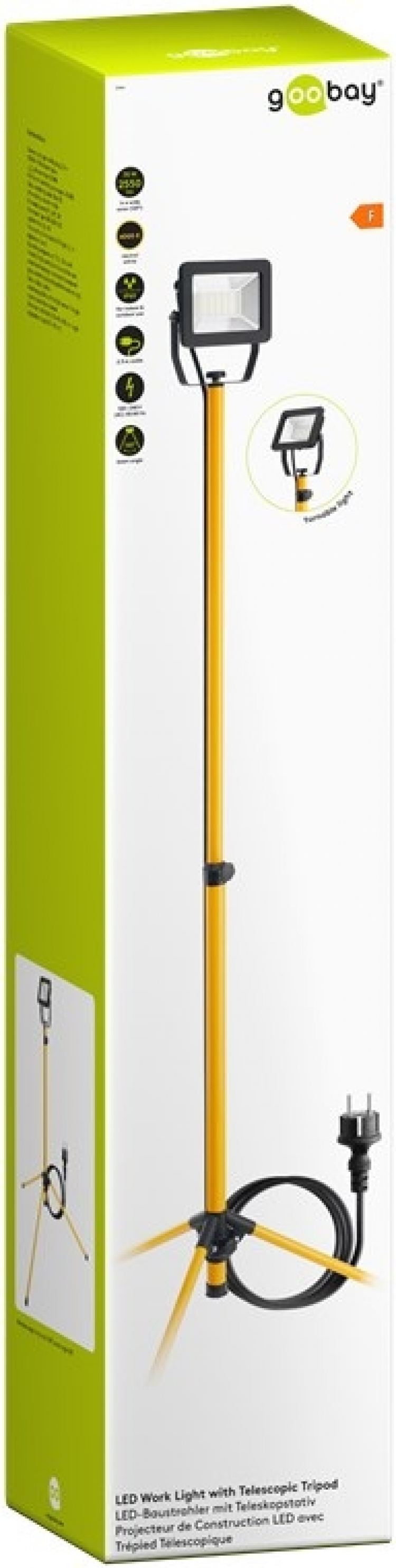 Goobay LED konstruktions spotlight med teleskopisk stativ, 30 W med 2550 lm og neutralt hvidt lys (4000 K), velegnet til indendørs og udendørs brug (IP65)