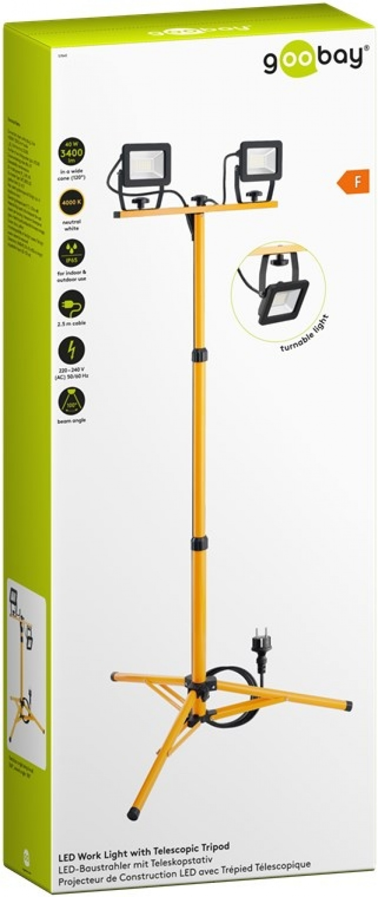 Goobay LED konstruktions spotlight med teleskopisk stativ, 2x 20 W med i alt 3400 lm og neutralt hvidt lys (4000 K), velegnet til indendørs og udendørs brug (IP65) Goobay LED konstruktions spotlight med teleskopisk stativ, 2x 20 W med i alt 3400 lm og neutralt hvidt lys (4000 K), velegnet til indendørs og udendørs brug (IP65)