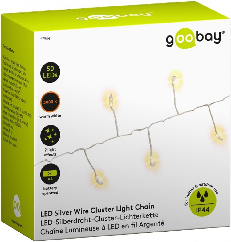 Goobay 50er LED sølv wire cluster lyskæde med 2 lysindstillinger, varm-hvid (3000 K), batteridrevet, til indendørs og udendørs brug (IP44) Goobay 50er LED sølv wire cluster lyskæde med 2 lysindstillinger, varm-hvid (3000 K), batteridrevet, til indendørs og udendørs brug (IP44)