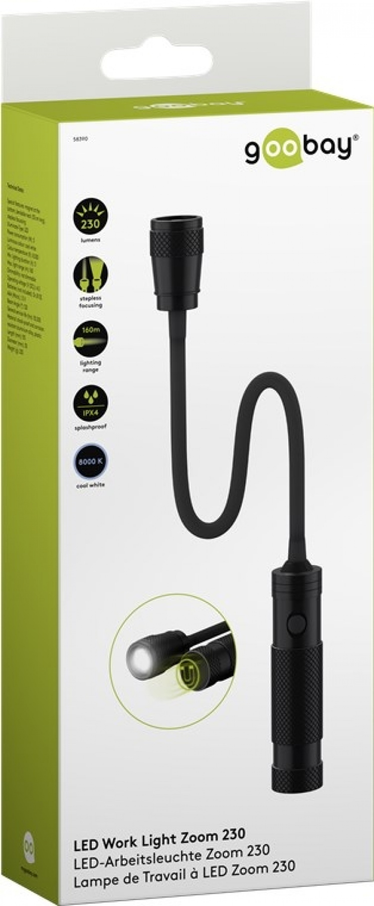Goobay LED-arbejdslampe Zoom 230 med 230 lm og koldt hvidt lys (8000 K), perfekt til arbejde, fritid og autohjælp Goobay LED-arbejdslampe Zoom 230 med 230 lm og koldt hvidt lys (8000 K), perfekt til arbejde, fritid og autohjælp
