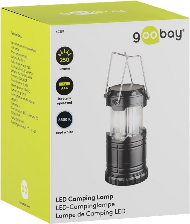 Goobay LED campinglampe High Bright 250 optrækkelig, kompakt design, meget lysstærk, kold hvid (6800 K) Goobay LED campinglampe High Bright 250 optrækkelig, kompakt design, meget lysstærk, kold hvid (6800 K)