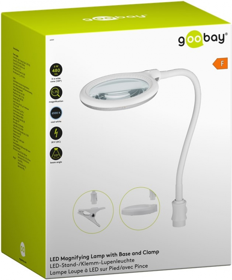 Goobay LED-luplampe med fod/klemme, 6 W, hvid 480 lm, 100 mm glaslinse, 1,75x forstørrelse, 3 dioptrier Goobay LED-luplampe med fod/klemme, 6 W, hvid 480 lm, 100 mm glaslinse, 1,75x forstørrelse, 3 dioptrier