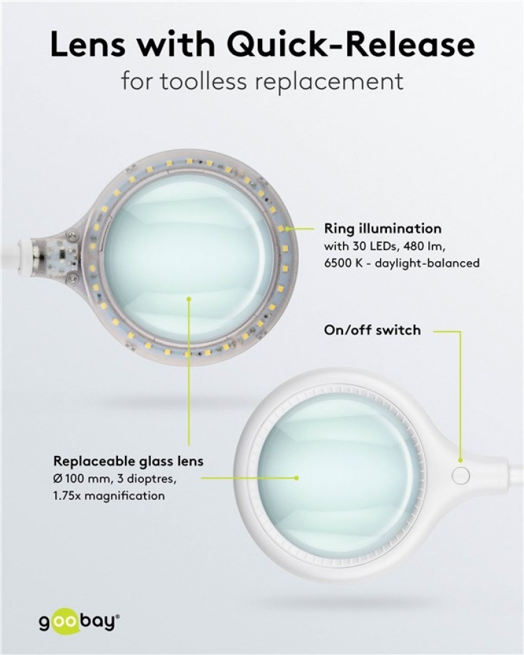 Goobay LED-luplampe med fod/klemme, 6 W, hvid 480 lm, 100 mm glaslinse, 1,75x forstørrelse, 3 dioptrier Goobay LED-luplampe med fod/klemme, 6 W, hvid 480 lm, 100 mm glaslinse, 1,75x forstørrelse, 3 dioptrier