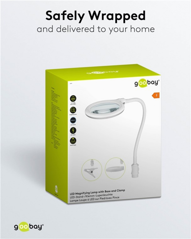 Goobay LED-luplampe med fod/klemme, 6 W, hvid 480 lm, 100 mm glaslinse, 1,75x forstørrelse, 3 dioptrier Goobay LED-luplampe med fod/klemme, 6 W, hvid 480 lm, 100 mm glaslinse, 1,75x forstørrelse, 3 dioptrier