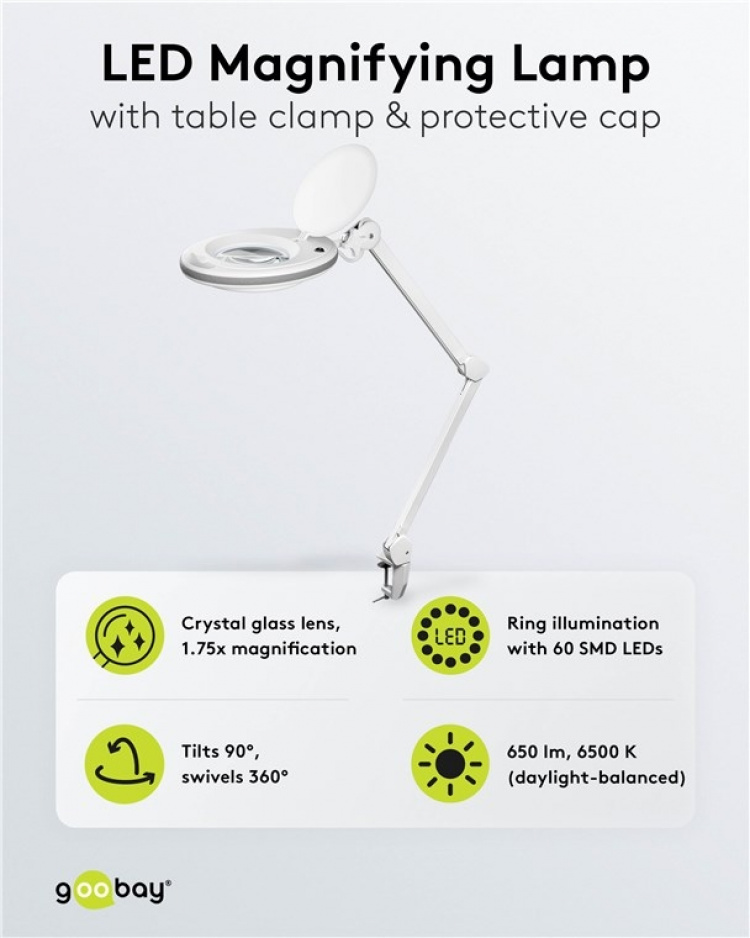 Goobay LED-luplampe med klemme, 8 W, hvid 650 lm, 127 mm krystalglaslinse, 1,75x forstørrelse, 3 dioptrier