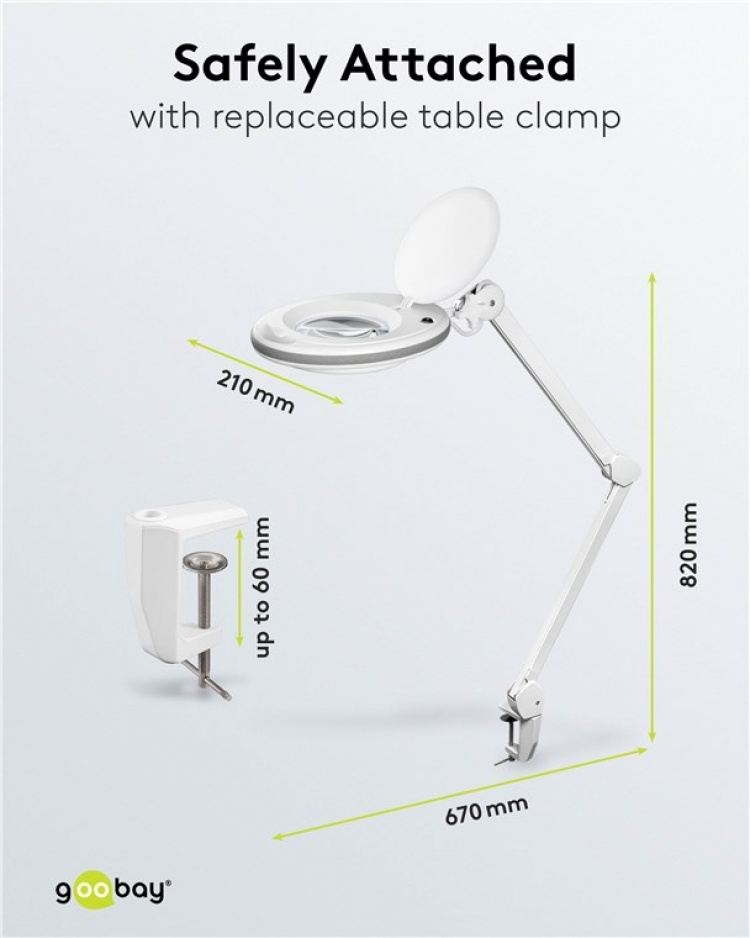 Goobay LED-luplampe med klemme, 8 W, hvid 650 lm, 127 mm krystalglaslinse, 1,75x forstørrelse, 3 dioptrier