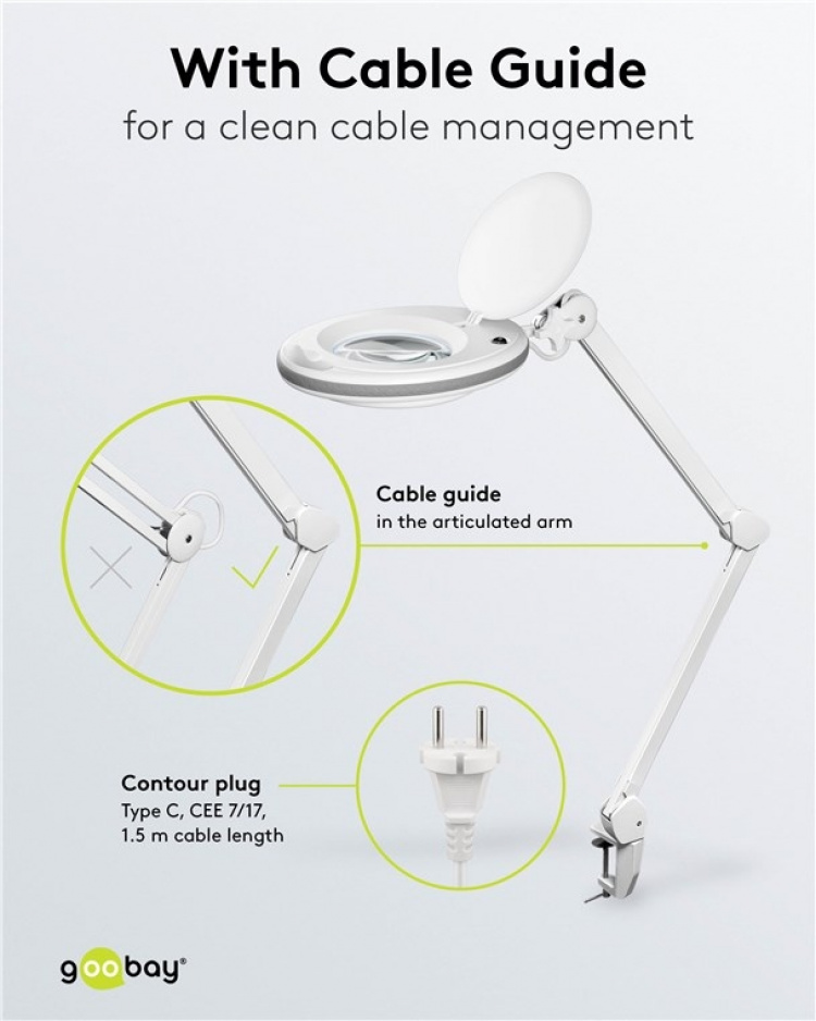 Goobay LED-luplampe med klemme, 8 W, hvid 650 lm, 127 mm krystalglaslinse, 1,75x forstørrelse, 3 dioptrier