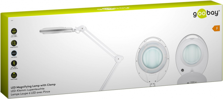 Goobay LED-luplampe med klemme, 8 W, hvid 650 lm, 127 mm glaslinse, 1,75x forstørrelse, 3 dioptrier Goobay LED-luplampe med klemme, 8 W, hvid 650 lm, 127 mm glaslinse, 1,75x forstørrelse, 3 dioptrier