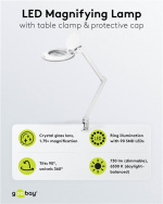 Goobay LED-luplampe med klemme, 9 W, hvid 80-730 lm, dæmpbar, 127 mm krystalglaslinse, 1,75x forstørrelse, 3 dioptrier