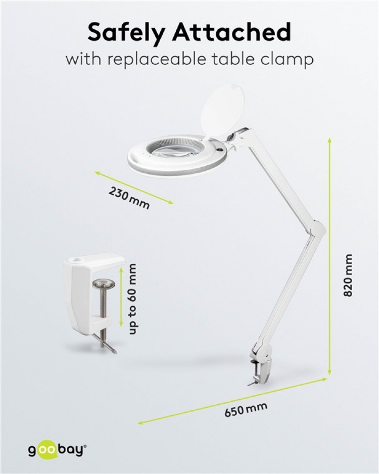 Goobay LED-luplampe med klemme, 9 W, hvid 80-730 lm, dæmpbar, 127 mm krystalglaslinse, 1,75x forstørrelse, 3 dioptrier