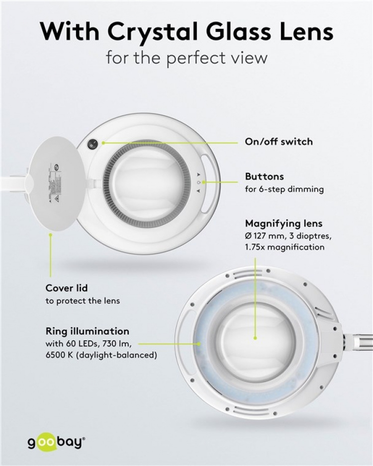 Goobay LED-luplampe med klemme, 9 W, hvid 80-730 lm, dæmpbar, 127 mm krystalglaslinse, 1,75x forstørrelse, 3 dioptrier