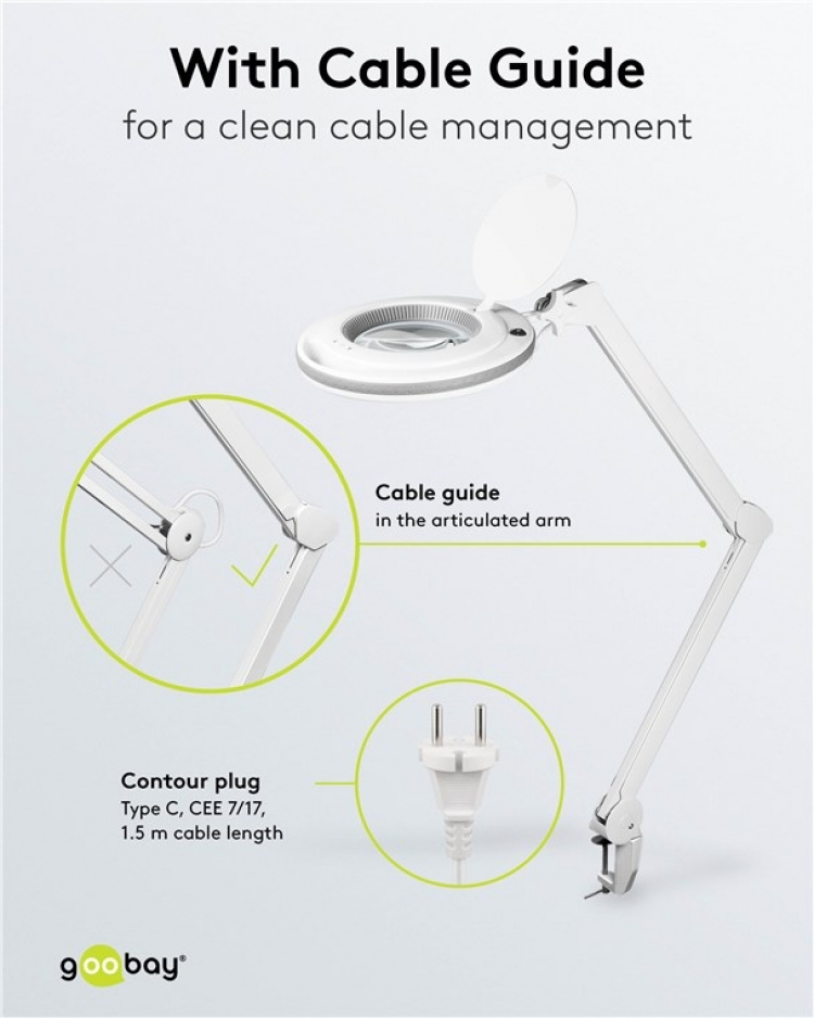 Goobay LED-luplampe med klemme, 9 W, hvid 80-730 lm, dæmpbar, 127 mm krystalglaslinse, 1,75x forstørrelse, 3 dioptrier