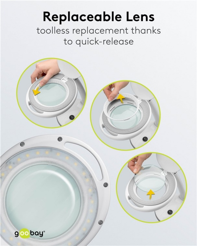 Goobay LED-luplampe med fod, 6 W, hvid 80-450 lm, dæmpbar, 100 mm glaslinse, 1,75x forstørrelse, 3 dioptrier