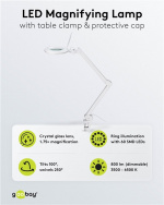 Goobay LED-luplampe med klemme, 10 W, hvid 800 lm, lysstyrke og lysfarve justerbar, 127 mm glaslinse, 1,75x forstørrelse, 3 dioptrier