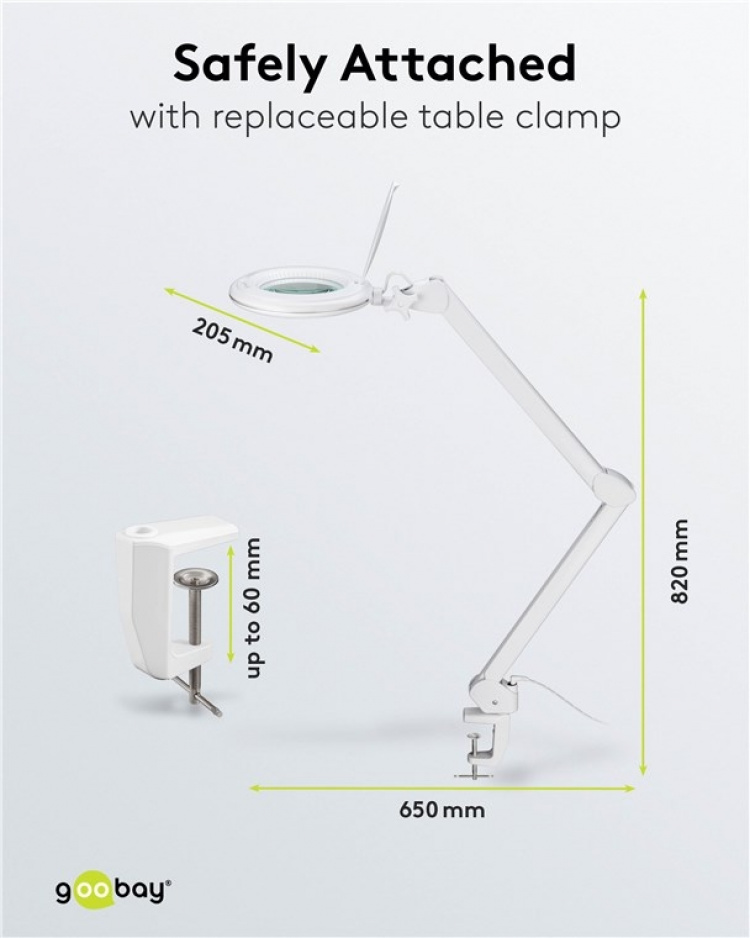 Goobay LED-luplampe med klemme, 10 W, hvid 800 lm, lysstyrke og lysfarve justerbar, 127 mm glaslinse, 1,75x forstørrelse, 3 dioptrier