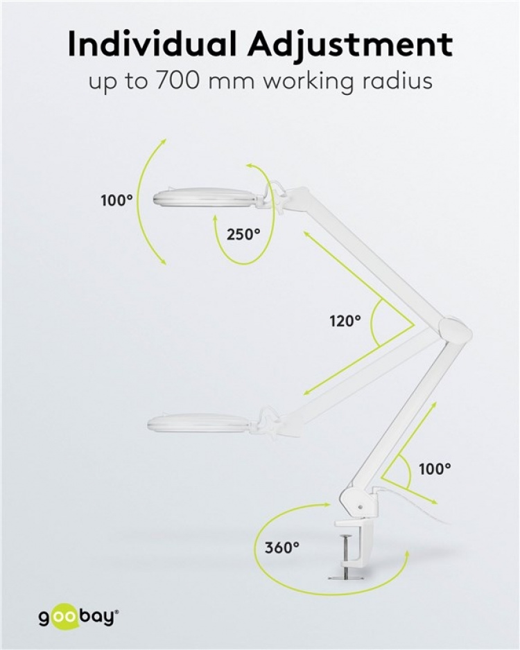 Goobay LED-luplampe med klemme, 10 W, hvid 800 lm, lysstyrke og lysfarve justerbar, 127 mm glaslinse, 1,75x forstørrelse, 3 dioptrier