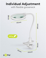 Goobay LED-luplampe med klemme, 6 W, hvid 480 lm, 100 mm glaslinse, 1,75x forstørrelse, 3 dioptrier