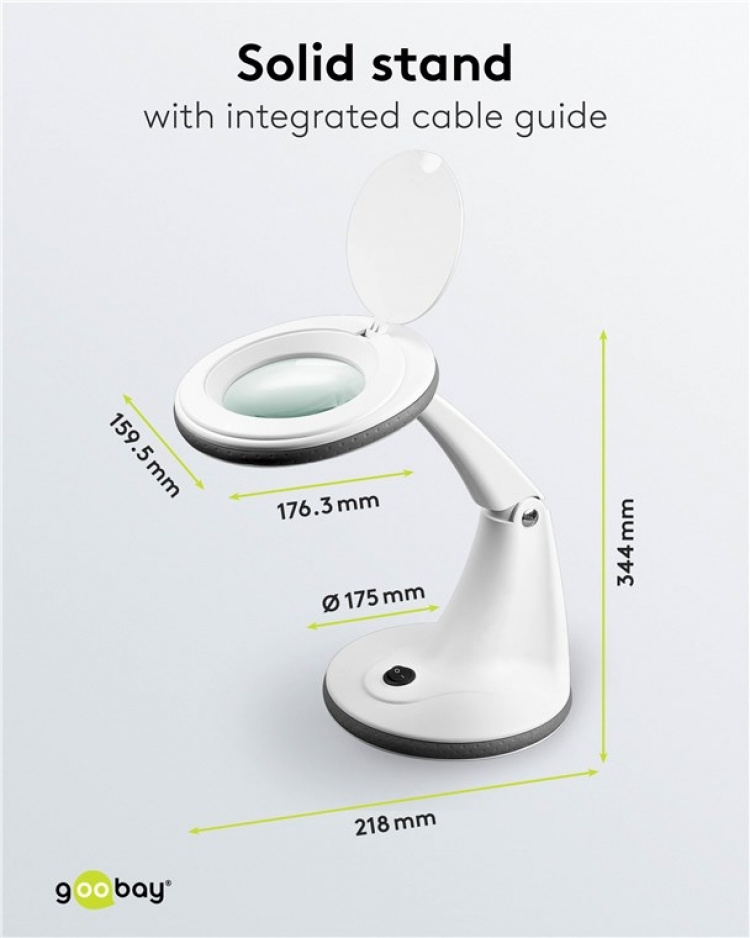 Goobay LED-luplampe med fod, 6 W, hvid 450 lm, 100 mm glaslinse, 1,75x forstørrelse, 3 dioptrier Goobay LED-luplampe med fod, 6 W, hvid 450 lm, 100 mm glaslinse, 1,75x forstørrelse, 3 dioptrier