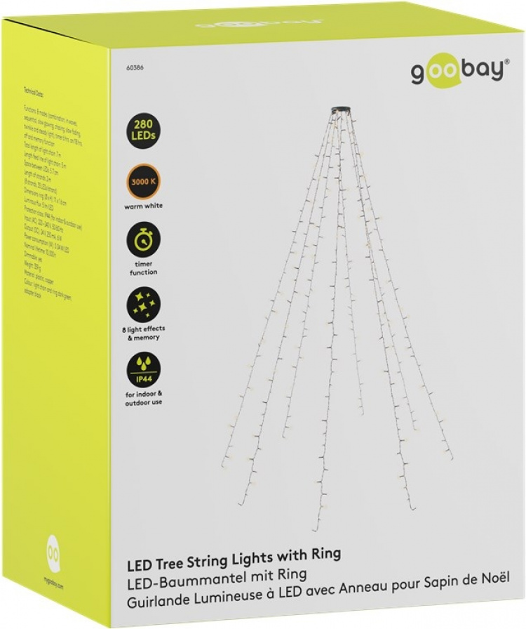 Goobay 280 LED lyskæde med ring til juletræ med timer og hukommelsesfunktion, 8 lysindstillinger, 24 V ekstern transformer, varm hvid (3000 K), til indendørs og udendørs brug (IP44) Goobay 280 LED lyskæde med ring til juletræ med timer og hukommelsesfunktion, 8 lysindstillinger, 24 V ekstern transformer, varm hvid (3000 K), til indendørs og udendørs brug (IP44)