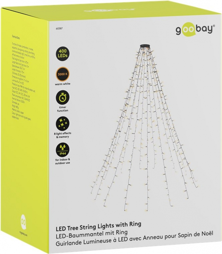 Goobay 400 LED lyskæde med ring til juletræ med timer og hukommelsesfunktion, 8 lysindstillinger, 24 V ekstern transformer, varm hvid (3000 K), til indendørs og udendørs brug (IP44) Goobay 400 LED lyskæde med ring til juletræ med timer og hukommelsesfunktion, 8 lysindstillinger, 24 V ekstern transformer, varm hvid (3000 K), til indendørs og udendørs brug (IP44)