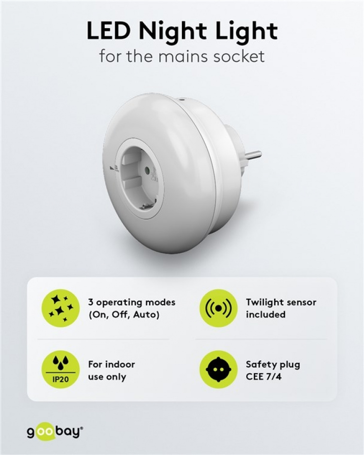 Goobay LED-natlampe til stikkontakt med 3 driftsformer (On, Off, Auto), skumringsensor og stikkontakt med jordforbindelse (type F)