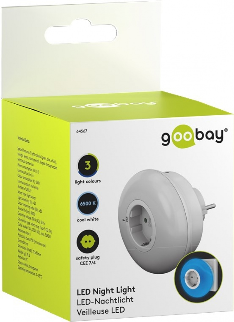 Goobay LED-natlampe til stikkontakt med farveændringsfunktion (grøn, blå, dagslys hvid), skumringsensor og stikkontakt med jordforbindelse (type F) Goobay LED-natlampe til stikkontakt med farveændringsfunktion (grøn, blå, dagslys hvid), skumringsensor og stikkontakt med jordforbindelse (type F)