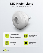 Goobay LED-natlampe til stikkontakt med farveændringsfunktion (grøn, blå, dagslys hvid), skumringsensor og stikkontakt med jordforbindelse (type F) Goobay LED-natlampe til stikkontakt med farveændringsfunktion (grøn, blå, dagslys hvid), skumringsensor og stikkontakt med jordforbindelse (type F)