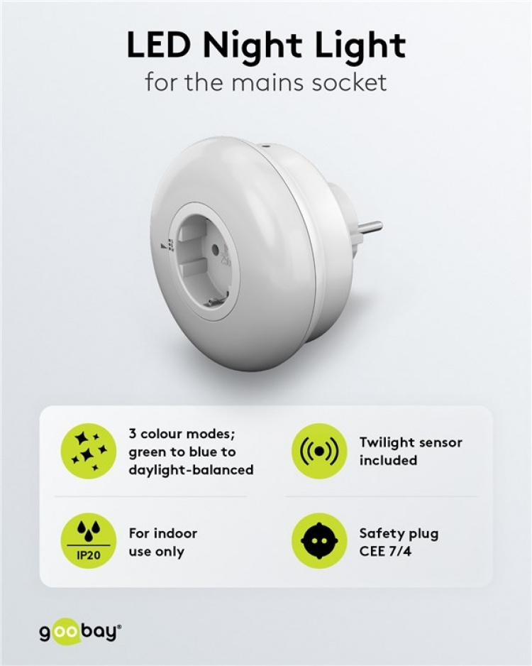 Goobay LED-natlampe til stikkontakt med farveændringsfunktion (grøn, blå, dagslys hvid), skumringsensor og stikkontakt med jordforbindelse (type F) Goobay LED-natlampe til stikkontakt med farveændringsfunktion (grøn, blå, dagslys hvid), skumringsensor og stikkontakt med jordforbindelse (type F)