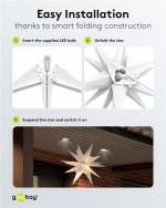 Goobay LED julestjerne 3D, Ø 56 cm, batteridrevet med timer og 18 spidser, varm hvid (3000 K), fremstillet af vejrbestandigt plast (IP44), 2 m kabel Goobay LED julestjerne 3D, Ø 56 cm, batteridrevet med timer og 18 spidser, varm hvid (3000 K), fremstillet af vejrbestandigt plast (IP44), 2 m kabel