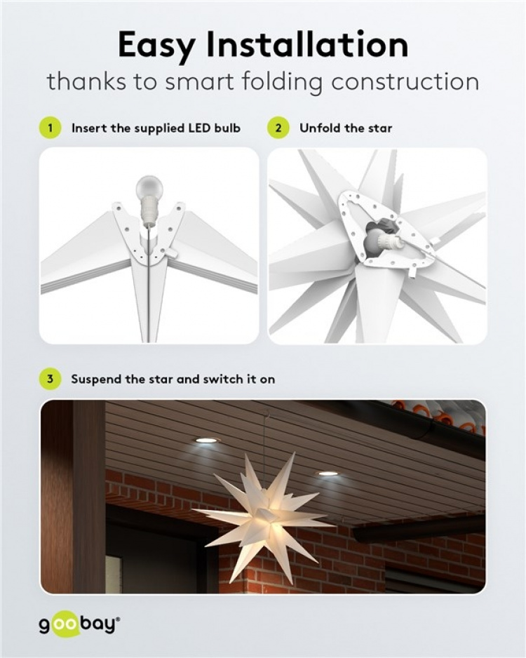 Goobay LED julestjerne 3D, Ø 56 cm, 4,5 V udendørs transformer med timer og 18 spidser, varm hvid (3000 K), af vejrbestandig plast (IP44), 9,5 m kabel Goobay LED julestjerne 3D, Ø 56 cm, 4,5 V udendørs transformer med timer og 18 spidser, varm hvid (3000 K), af vejrbestandig plast (IP44), 9,5 m kabel