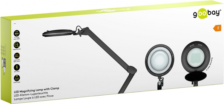 Goobay LED-luplampe med klemme, 10 W, sort 800 lm, lysstyrke og lysfarve justerbar, 127 mm glaslinse, 1,75x forstørrelse, 3 dioptrier