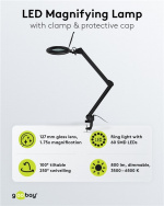 Goobay LED-luplampe med klemme, 10 W, sort 800 lm, lysstyrke og lysfarve justerbar, 127 mm glaslinse, 1,75x forstørrelse, 3 dioptrier