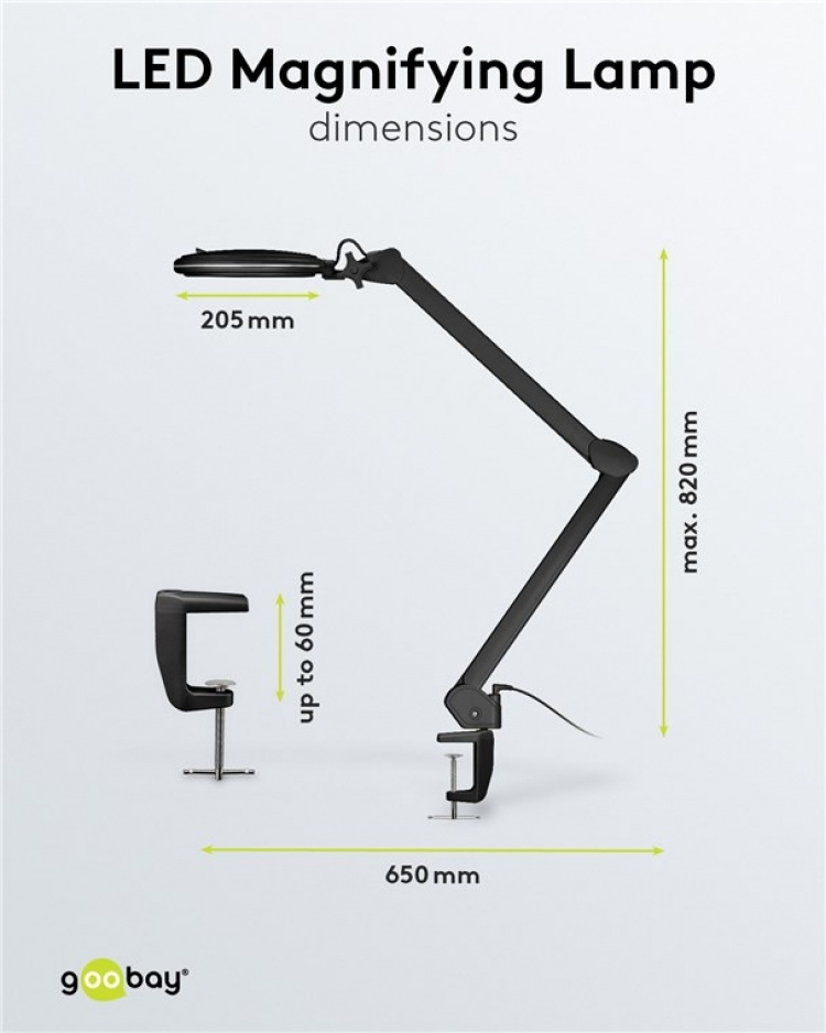 Goobay LED-luplampe med klemme, 10 W, sort 800 lm, lysstyrke og lysfarve justerbar, 127 mm glaslinse, 1,75x forstørrelse, 3 dioptrier