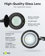 Goobay LED-luplampe med klemme, 10 W, sort 800 lm, lysstyrke og lysfarve justerbar, 127 mm glaslinse, 1,75x forstørrelse, 3 dioptrier