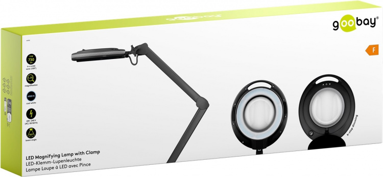 Goobay LED-luplampe med klemme, 9 W, sort 80-730 lm, dæmpbar, 127 mm krystalglaslinse, 1,75x forstørrelse, 3 dioptrier Goobay LED-luplampe med klemme, 9 W, sort 80-730 lm, dæmpbar, 127 mm krystalglaslinse, 1,75x forstørrelse, 3 dioptrier