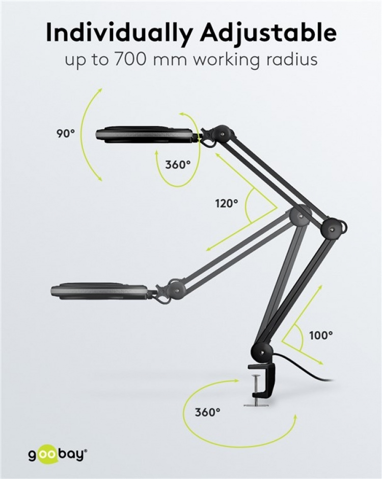 Goobay LED-luplampe med klemme, 8 W, sort 650 lm, 127 mm glaslinse, 1,75x forstørrelse, 3 dioptrier