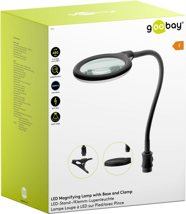 Goobay LED-luplampe med fod/klemme, 6 W, sort 480 lm, 100 mm glaslinse, 1,75x forstørrelse, 3 dioptrier