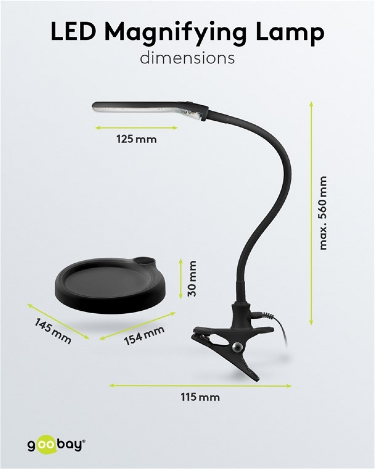 Goobay LED-luplampe med fod/klemme, 6 W, sort 480 lm, 100 mm glaslinse, 1,75x forstørrelse, 3 dioptrier