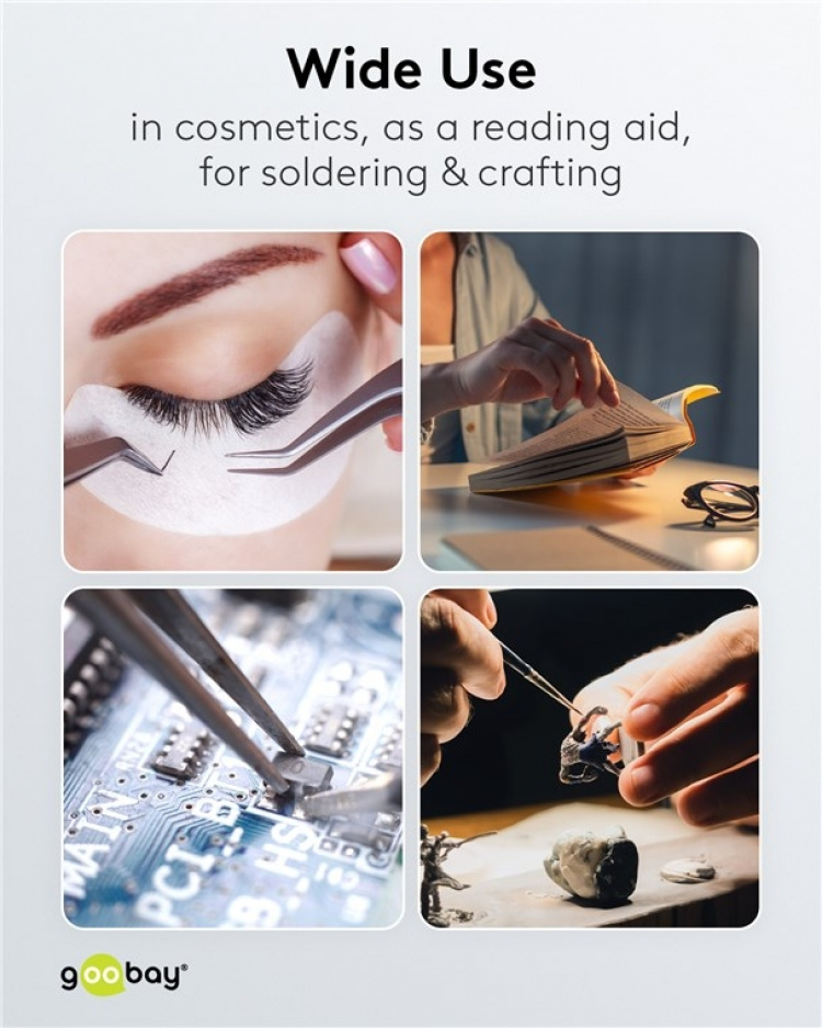 Goobay LED-luplampe med fod/klemme, 6 W, sort 480 lm, 100 mm glaslinse, 1,75x forstørrelse, 3 dioptrier