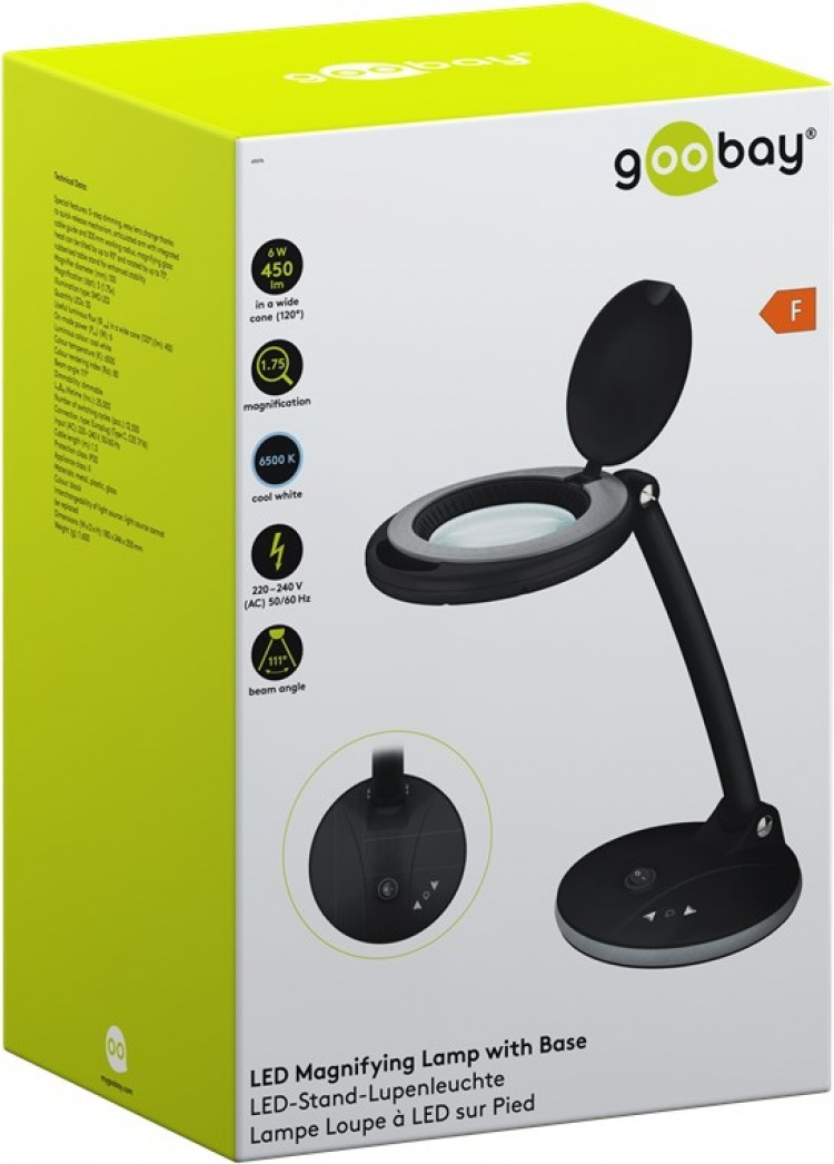 Goobay LED-luplampe med fod, 6 W, sort 80-450 lm, dæmpbar, 100 mm glaslinse, 1,75x forstørrelse, 3 dioptrier