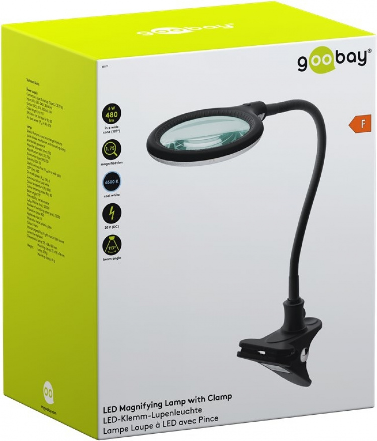 Goobay LED-luplampe med klemme, 6 W, sort 480 lm, 100 mm glaslinse, 1,75x forstørrelse, 3 dioptrier