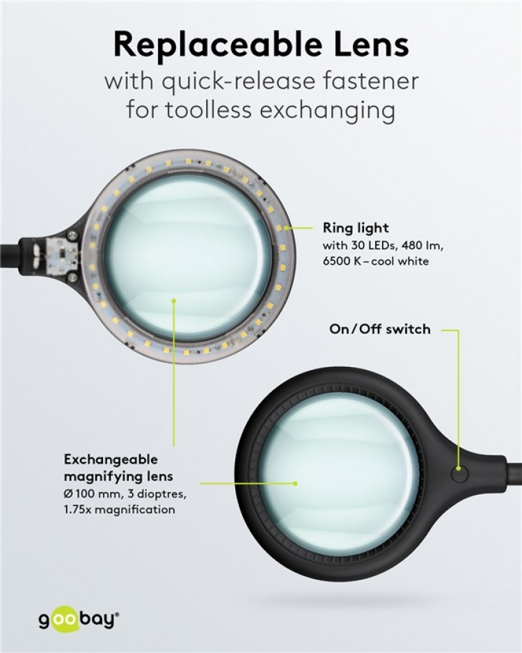 Goobay LED-luplampe med klemme, 6 W, sort 480 lm, 100 mm glaslinse, 1,75x forstørrelse, 3 dioptrier